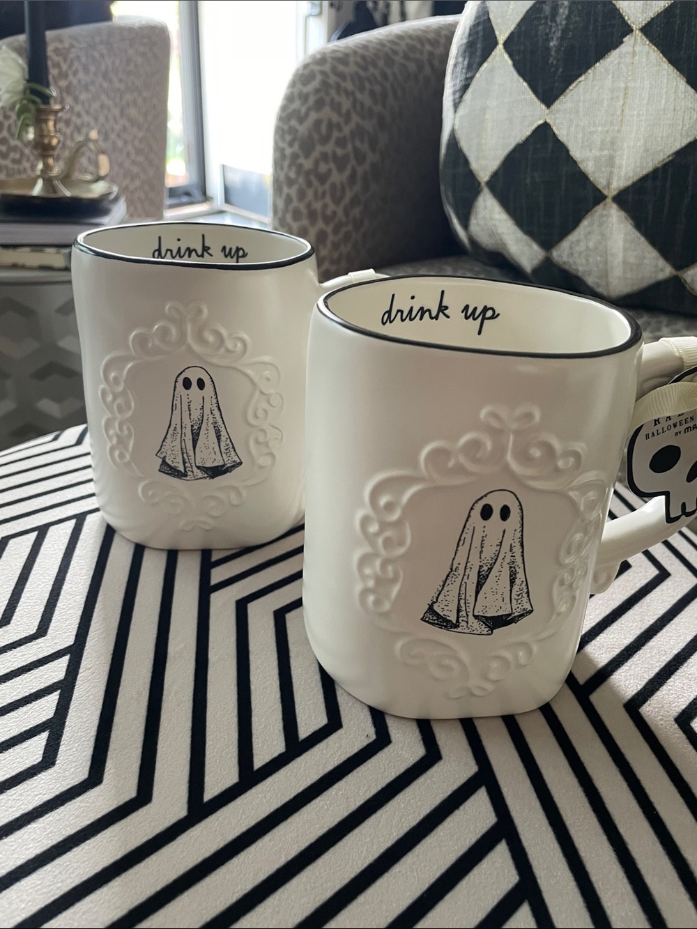 Rae Dunn White Ceramic Mug Set with Ghost Motif